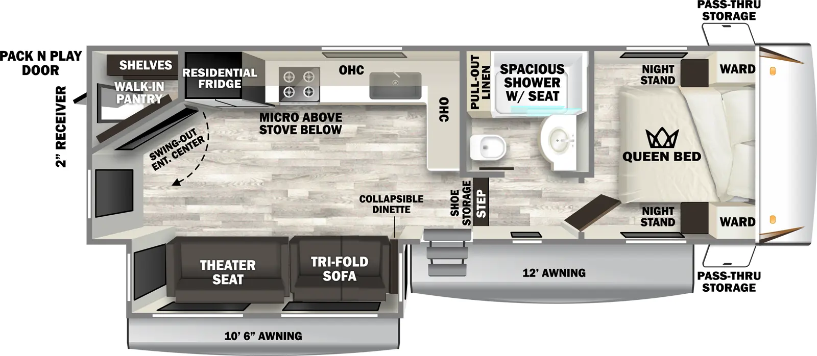 The Sabre 25RLS has one entry and one slide out. Exterior features include: fiberglass exterior and 10'6" & 12' awning. Interiors features include: front bedroom.